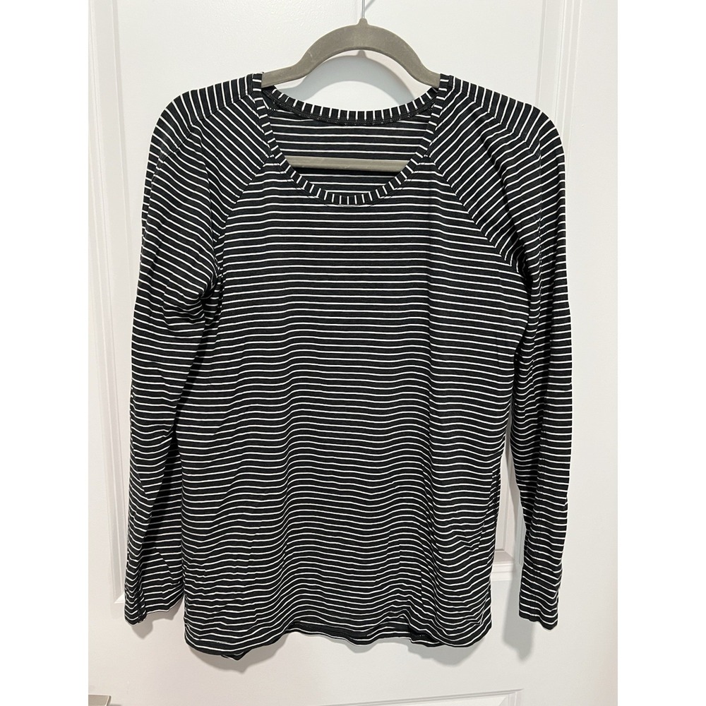 Lululemon Womens Long Sleeve Top Black White Striped Round Neck Estimated Size 8